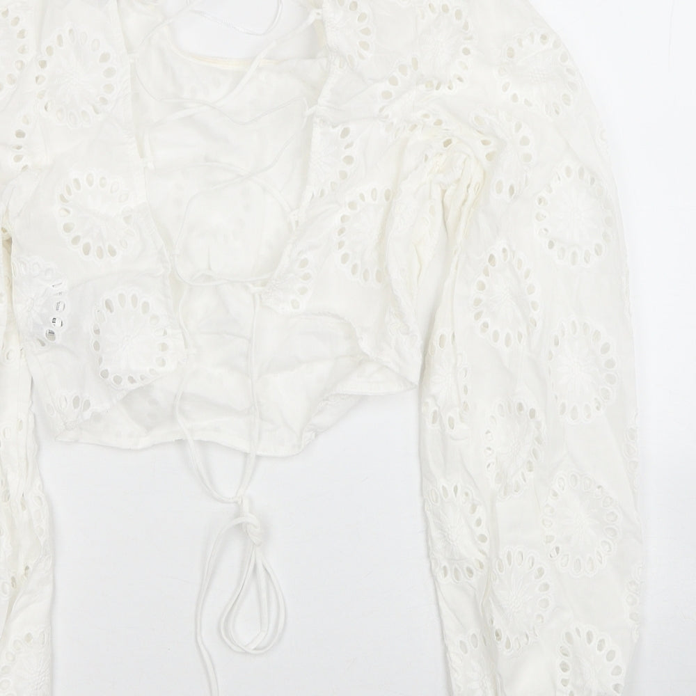 Zara Womens White Geometric Cotton Cropped Blouse Size S Square Neck - Broderie Anglaise, Lace Up Back Detail
