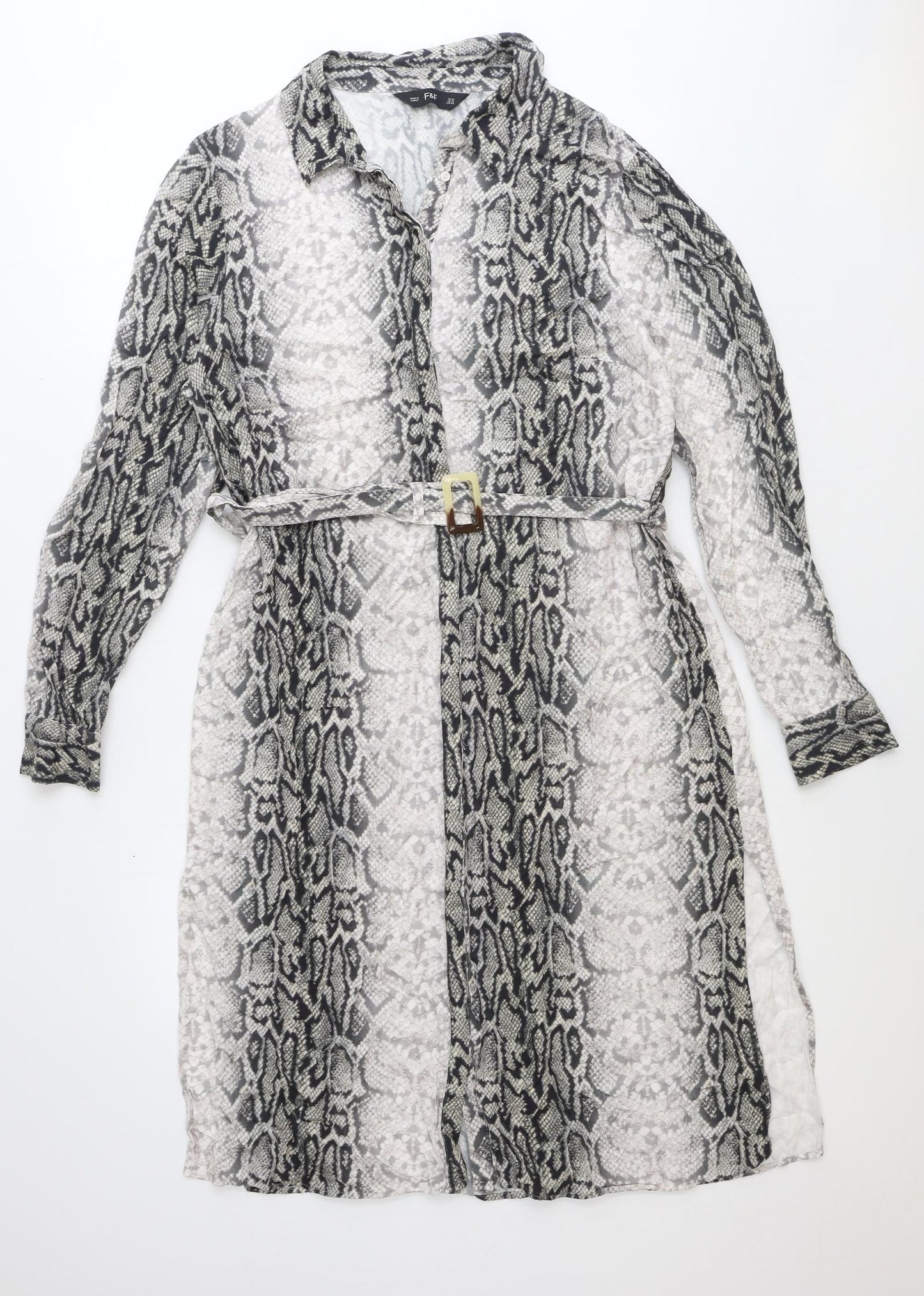 F&F Womens Grey Animal Print Viscose Shirt Dress Size 14 V-Neck Button - Snake Print