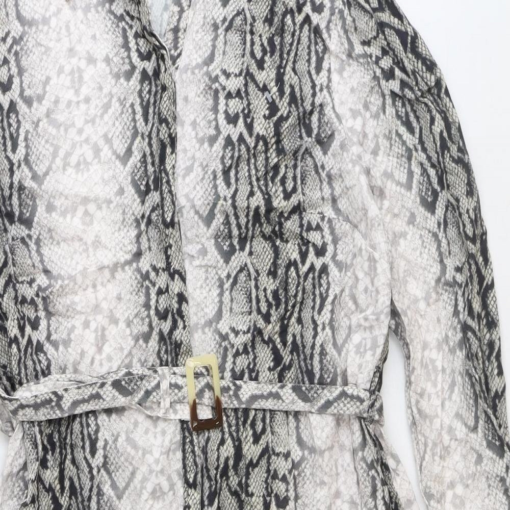 F&F Womens Grey Animal Print Viscose Shirt Dress Size 14 V-Neck Button - Snake Print