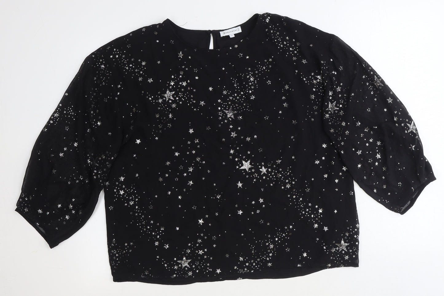 Warehouse Womens Black Geometric Polyester Basic Blouse Size 14 Round Neck - Star Print