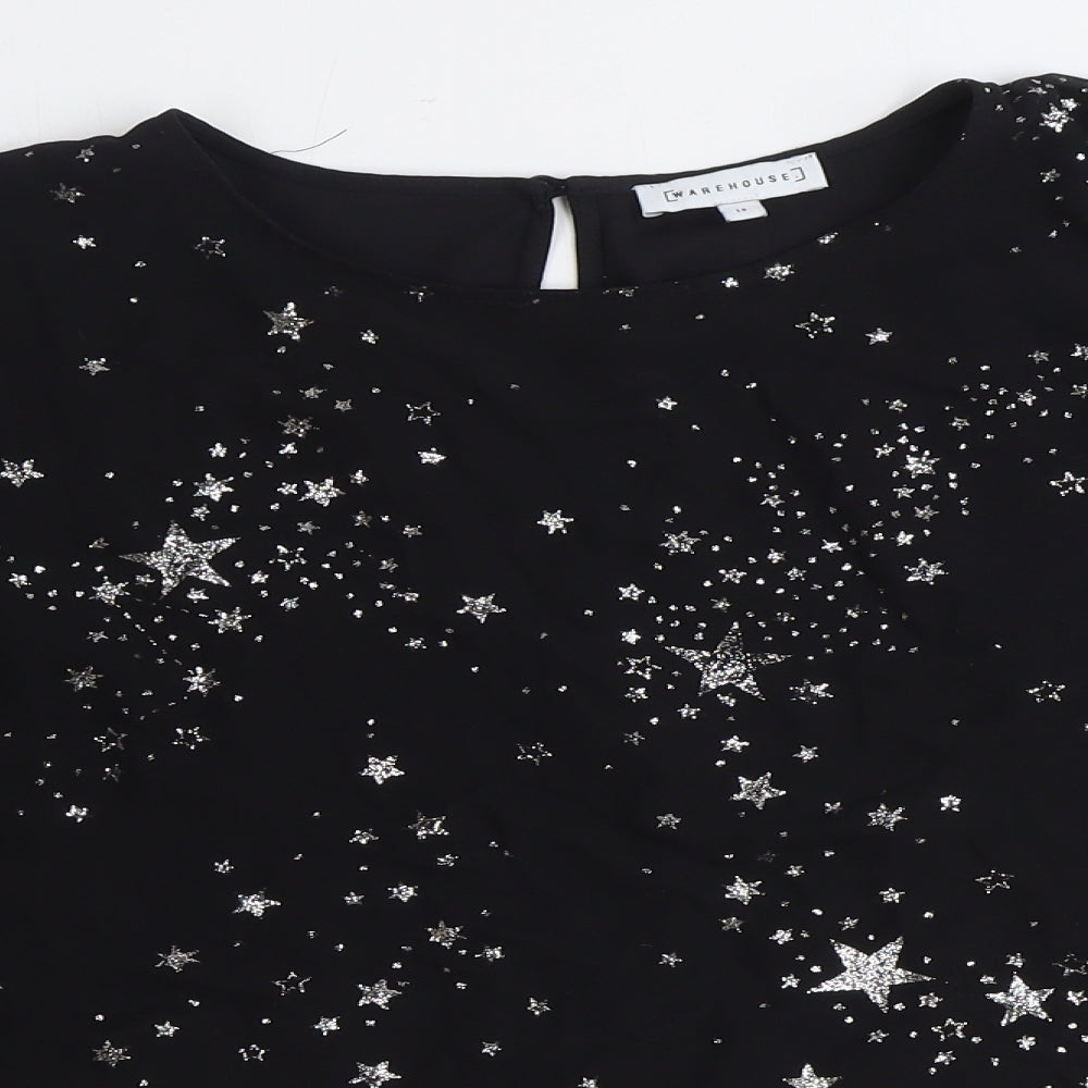 Warehouse Womens Black Geometric Polyester Basic Blouse Size 14 Round Neck - Star Print