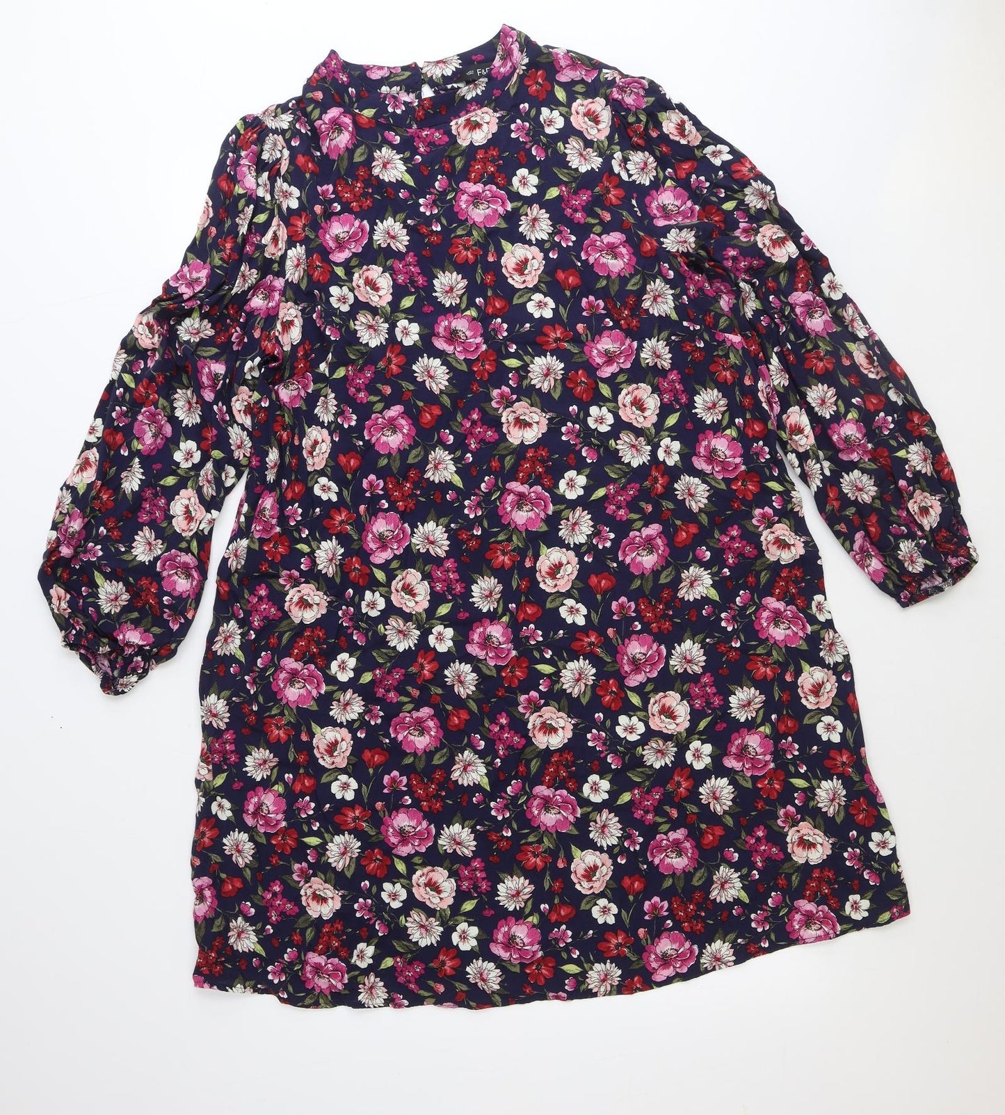 F&F Womens Blue Floral Viscose Shift Size 18 Round Neck Zip