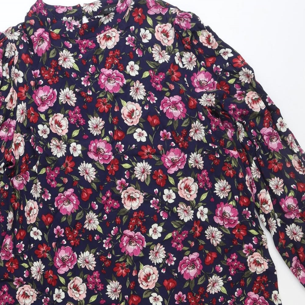 F&F Womens Blue Floral Viscose Shift Size 18 Round Neck Zip