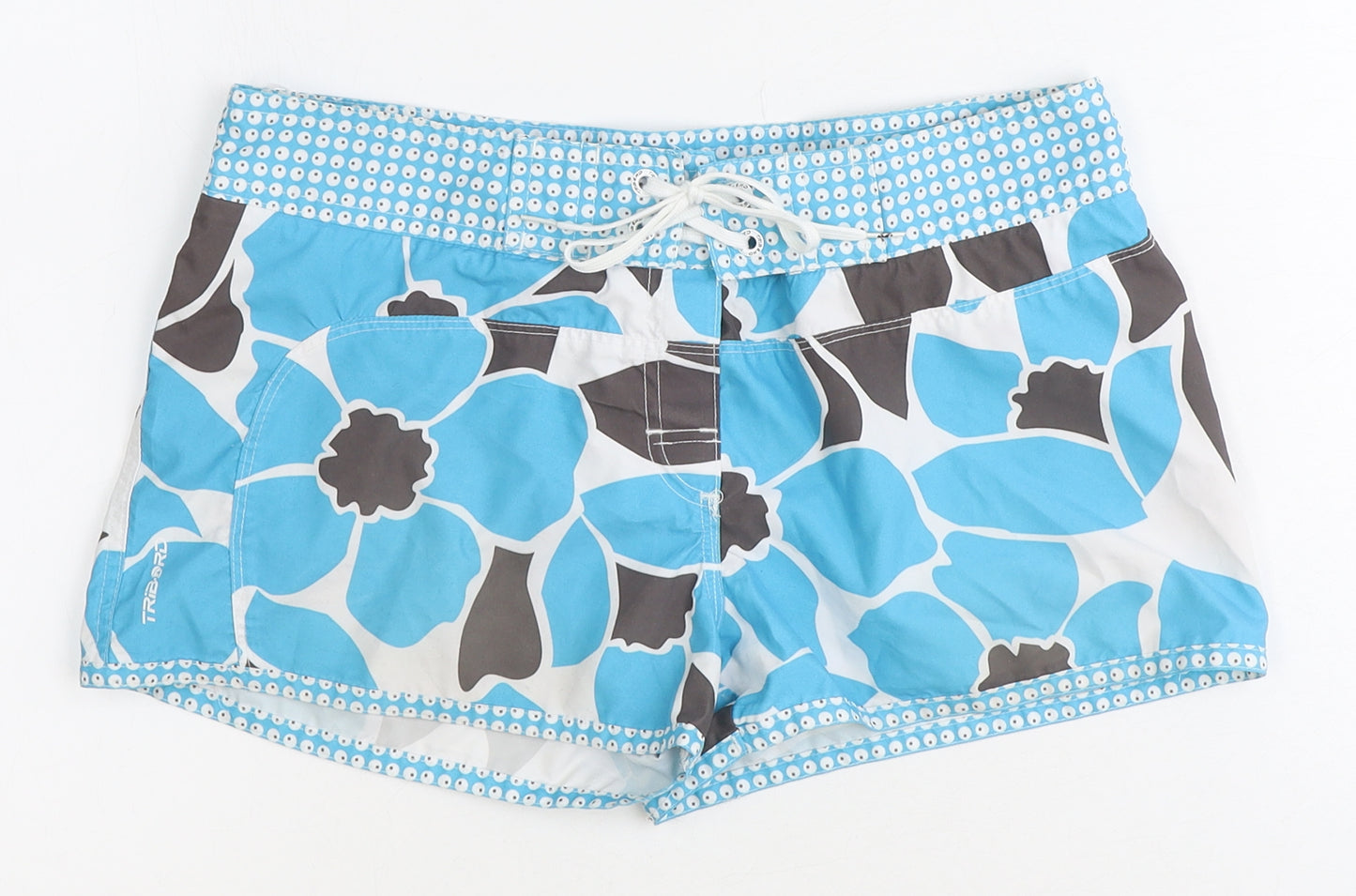 Tribord Womens Blue Floral 100% Polyester Hot Pants Shorts Size 8 Regular Tie