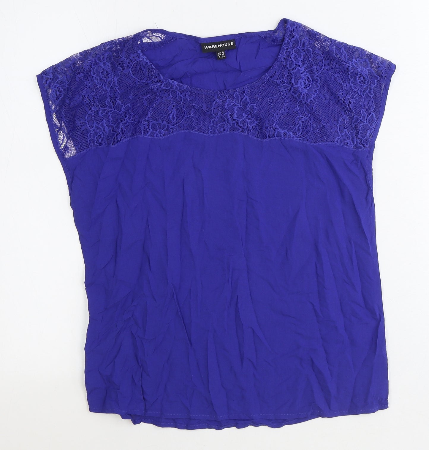 Warehouse Womens Blue Viscose Basic Blouse Size 8 Round Neck