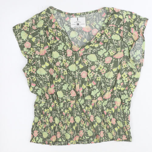 i jeans by Buffalo Womens Green Floral Viscose Basic Blouse Size L V-Neck