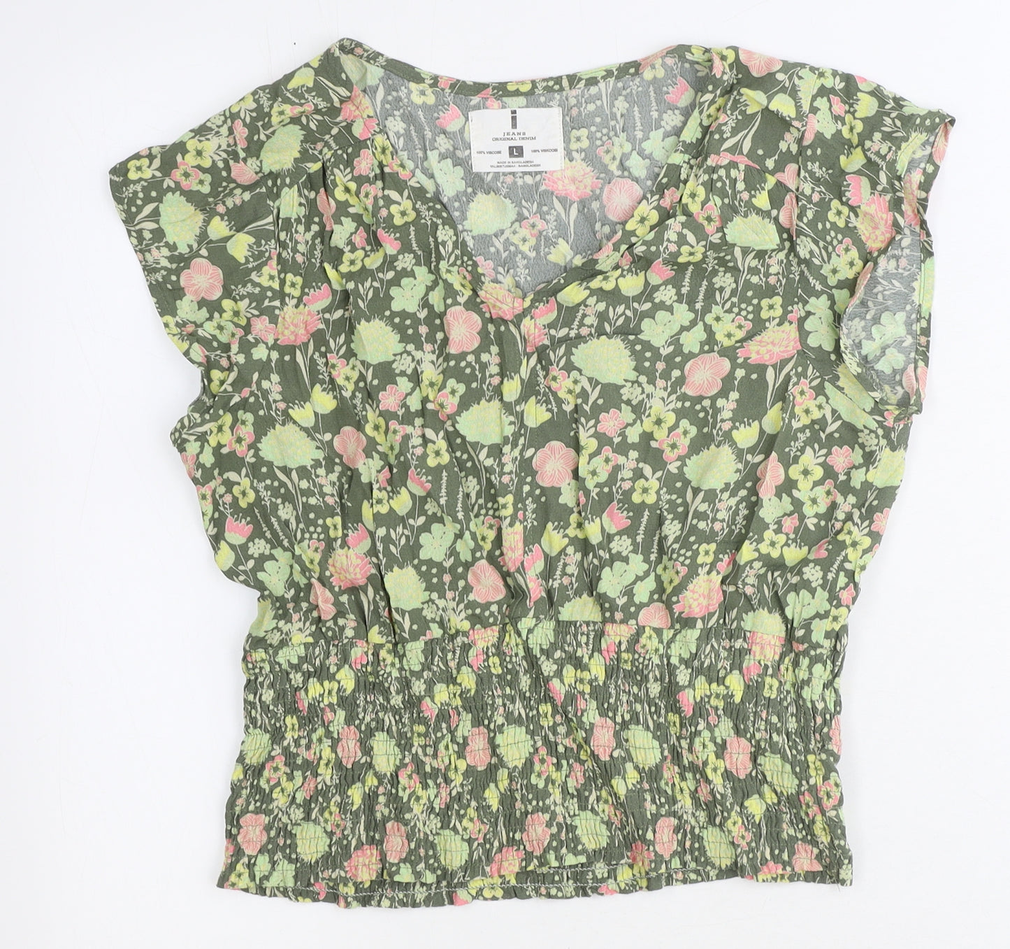 i jeans by Buffalo Womens Green Floral Viscose Basic Blouse Size L V-Neck
