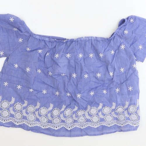 Select Womens Blue Geometric 100% Cotton Basic Blouse Size 8 Off the Shoulder - Bardot