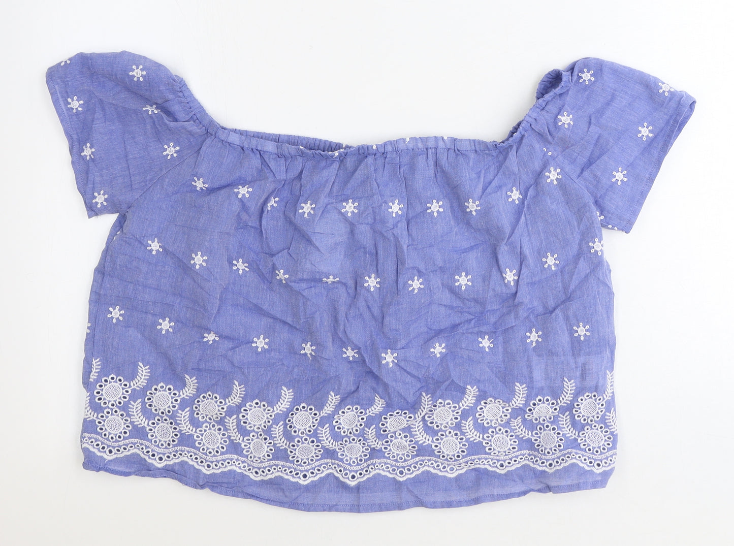 Select Womens Blue Geometric 100% Cotton Basic Blouse Size 8 Off the Shoulder - Bardot