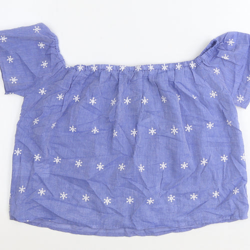 Select Womens Blue Geometric 100% Cotton Basic Blouse Size 8 Off the Shoulder - Bardot