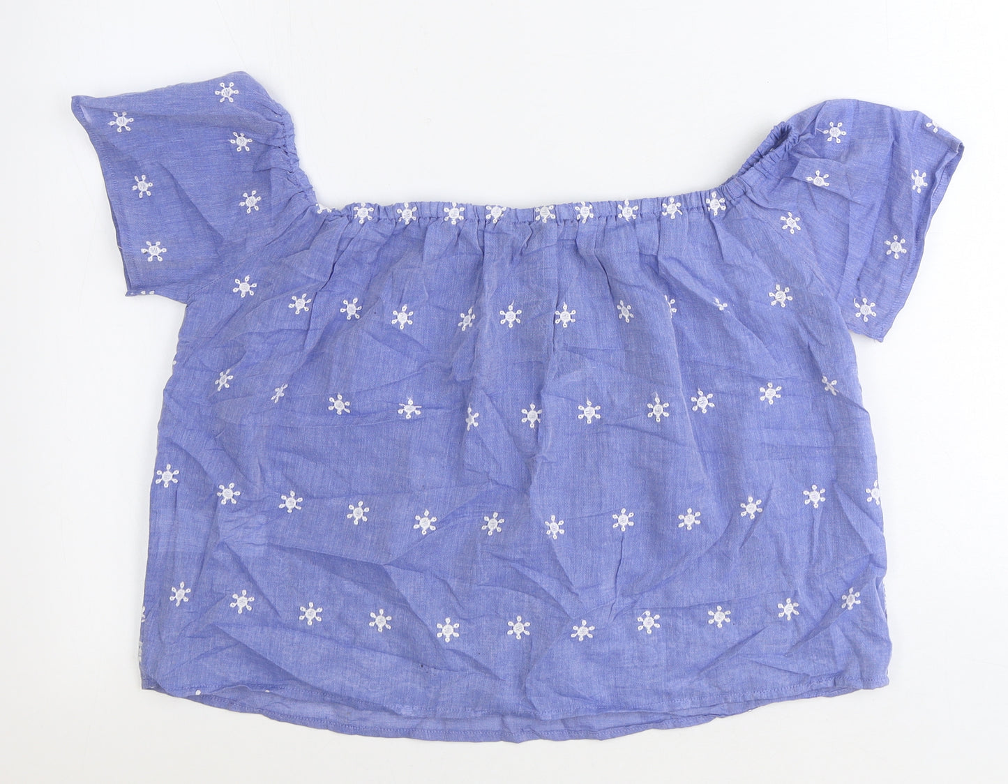 Select Womens Blue Geometric 100% Cotton Basic Blouse Size 8 Off the Shoulder - Bardot
