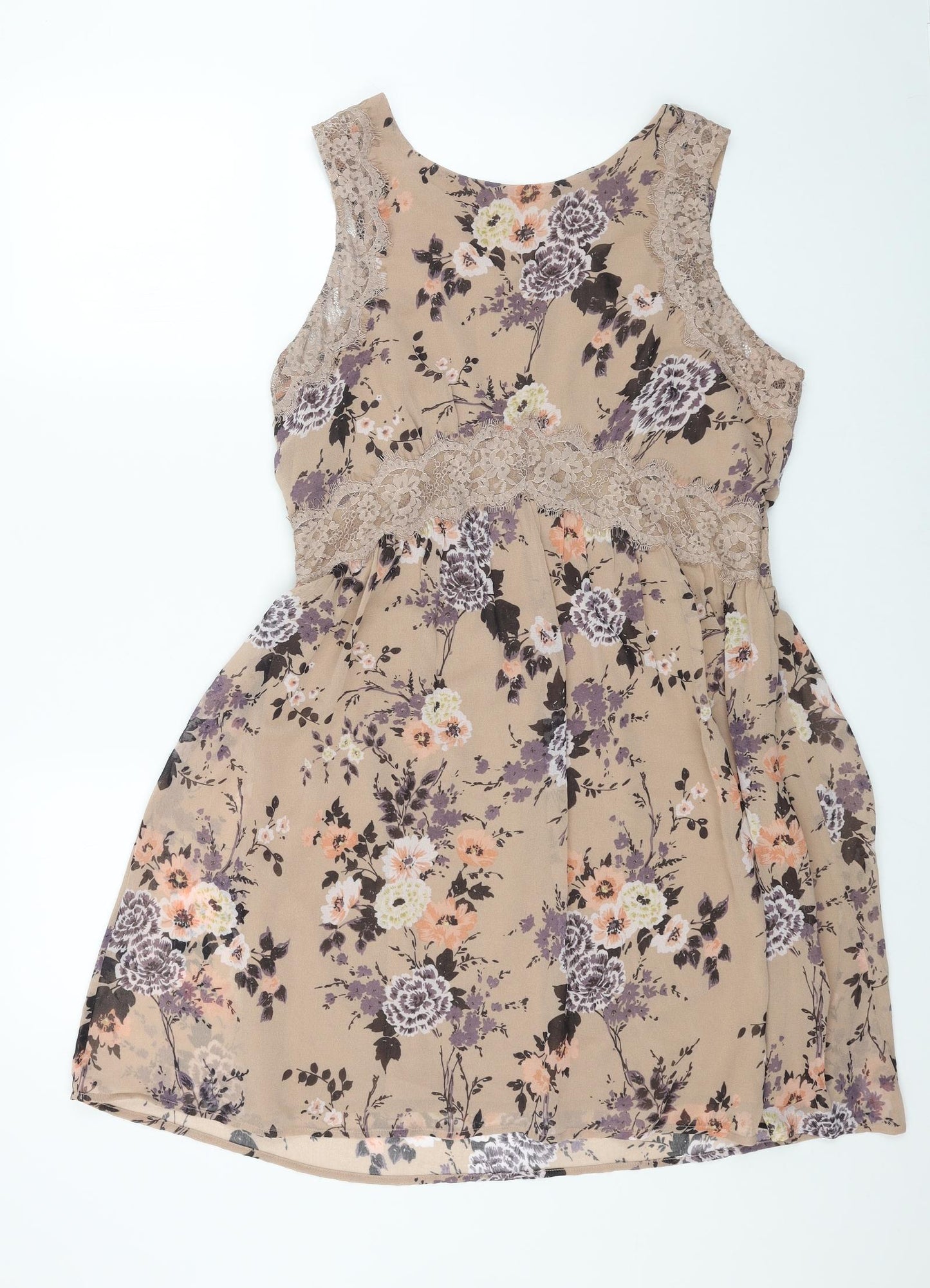 Peacocks Womens Beige Floral Polyester Skater Dress Size 16 Scoop Neck Pullover