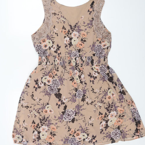 Peacocks Womens Beige Floral Polyester Skater Dress Size 16 Scoop Neck Pullover