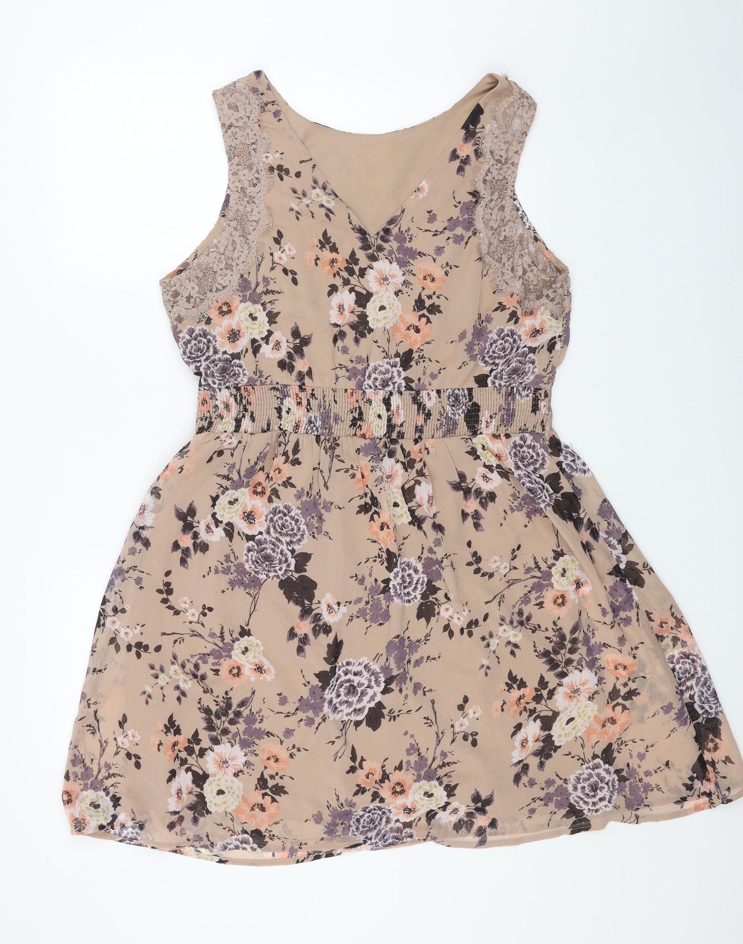 Peacocks Womens Beige Floral Polyester Skater Dress Size 16 Scoop Neck Pullover