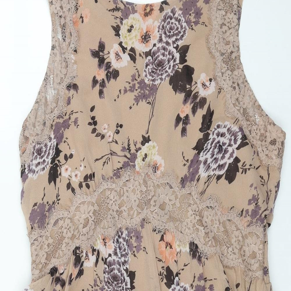 Peacocks Womens Beige Floral Polyester Skater Dress Size 16 Scoop Neck Pullover