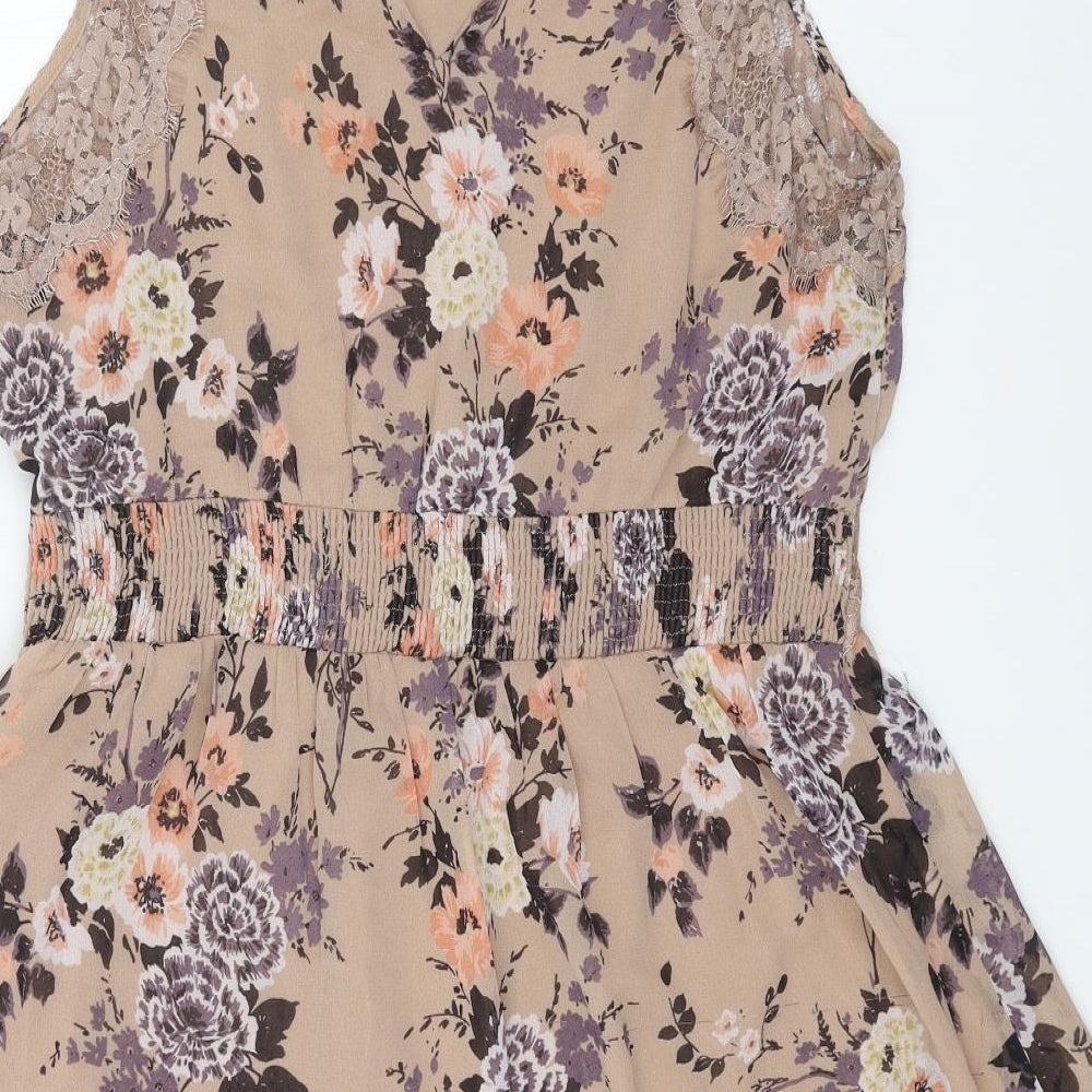 Peacocks Womens Beige Floral Polyester Skater Dress Size 16 Scoop Neck Pullover