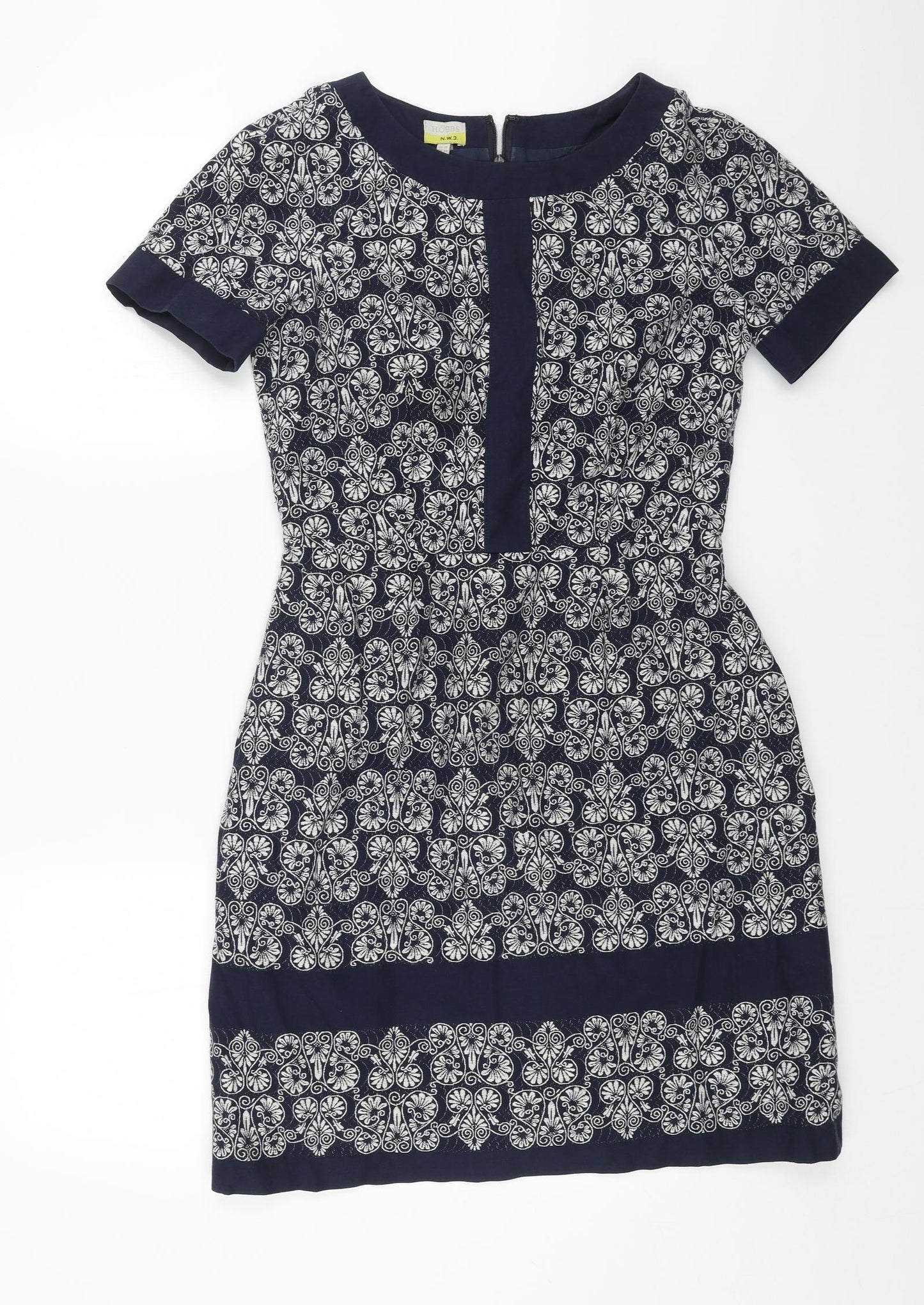 Hobbs Womens Blue Geometric Cotton A-Line Size 10 Boat Neck Zip