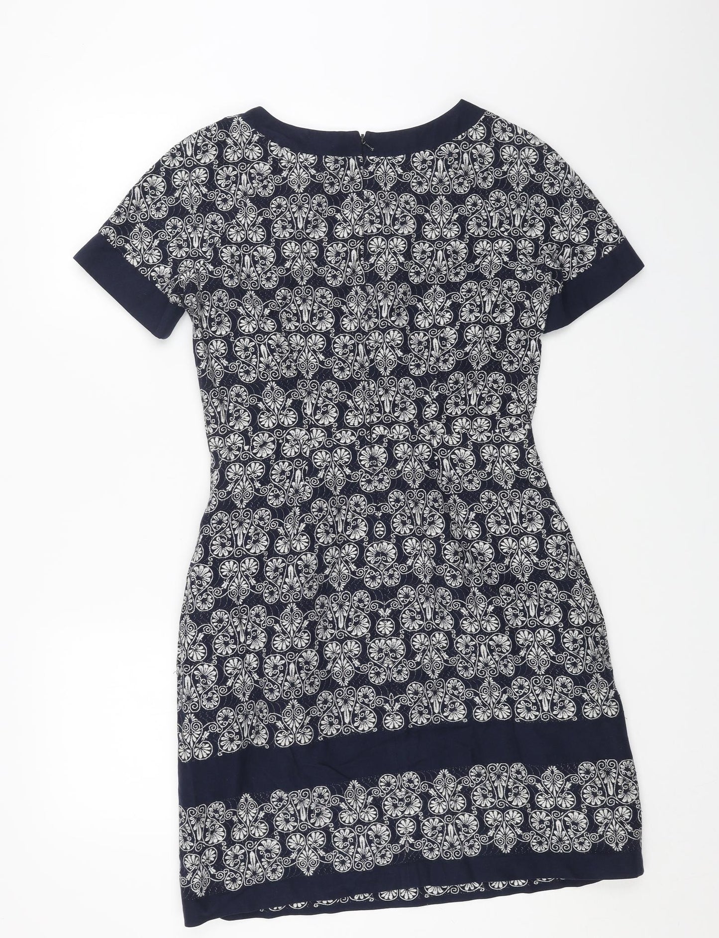 Hobbs Womens Blue Geometric Cotton A-Line Size 10 Boat Neck Zip