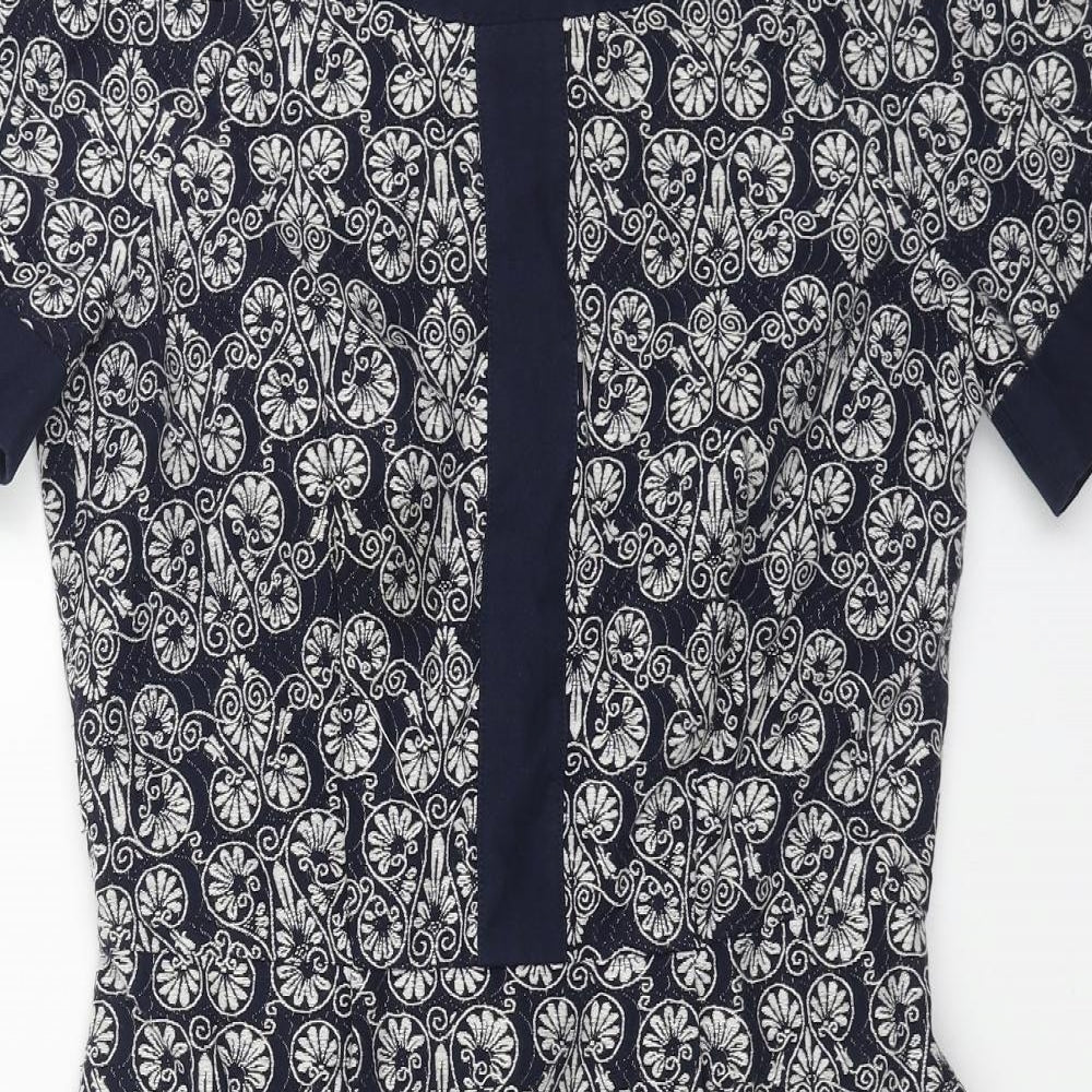 Hobbs Womens Blue Geometric Cotton A-Line Size 10 Boat Neck Zip
