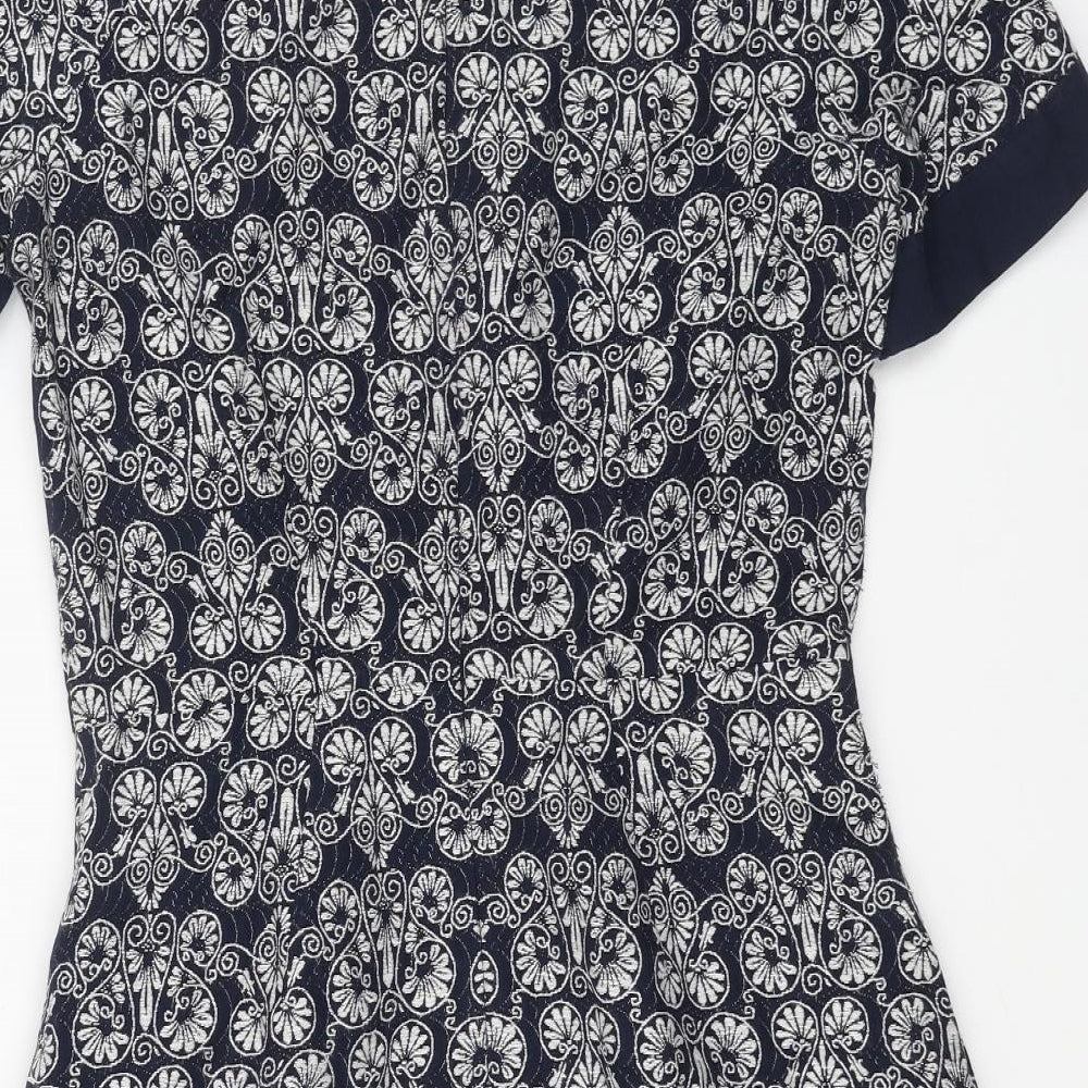 Hobbs Womens Blue Geometric Cotton A-Line Size 10 Boat Neck Zip