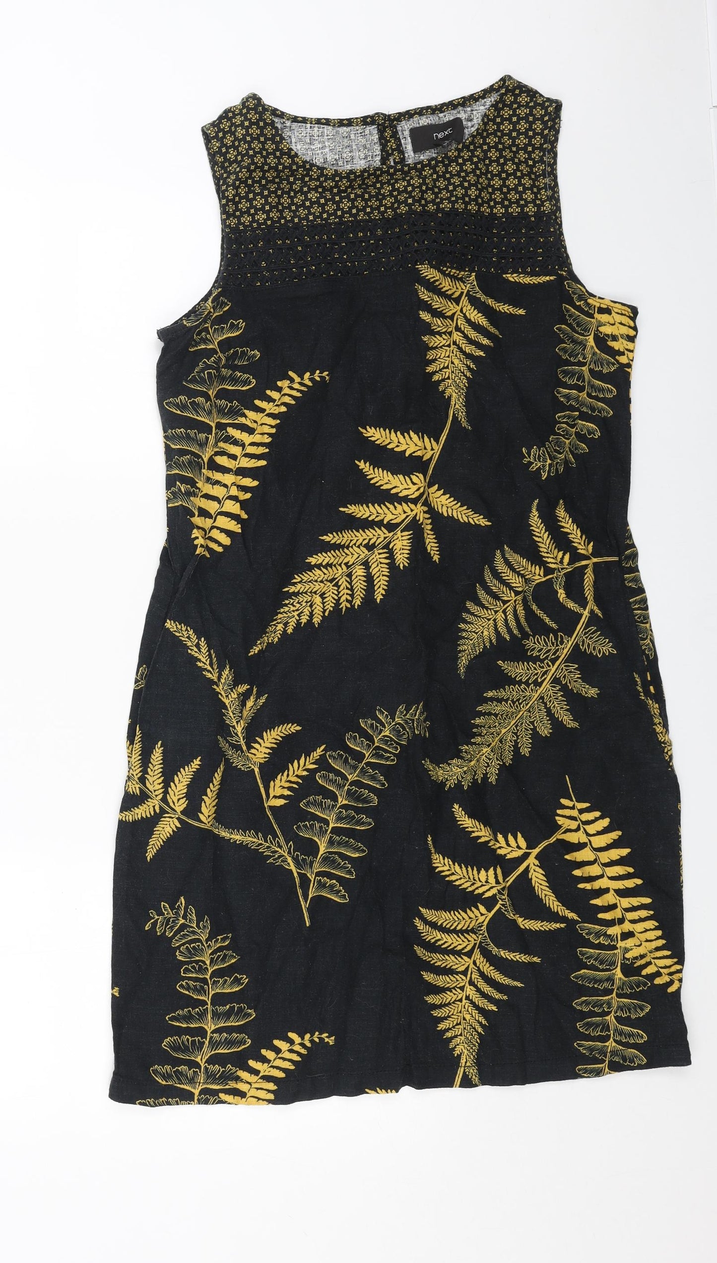 NEXT Womens Black Geometric Linen Shift Size 10 Boat Neck Button - Leaf Print