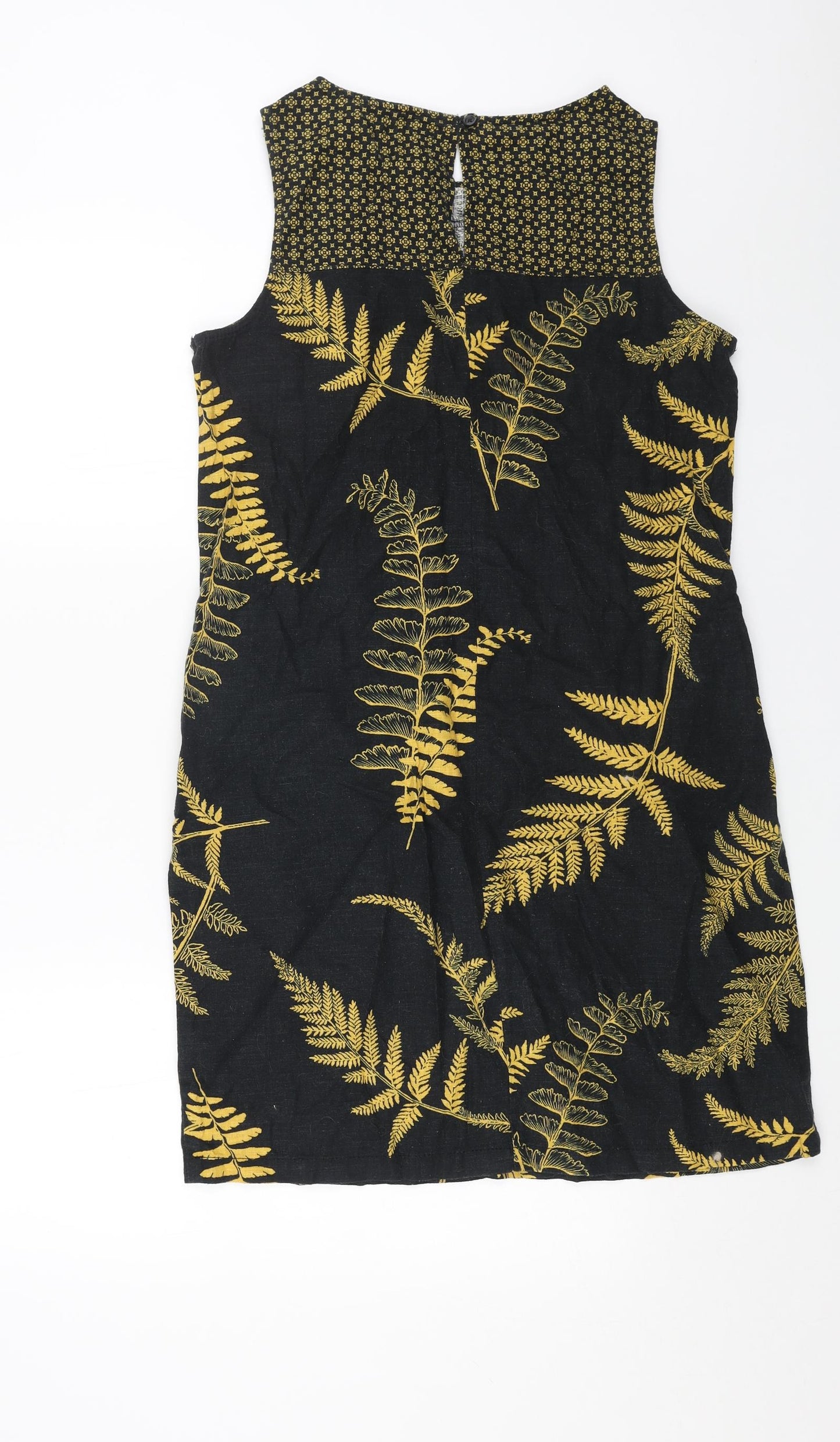 NEXT Womens Black Geometric Linen Shift Size 10 Boat Neck Button - Leaf Print