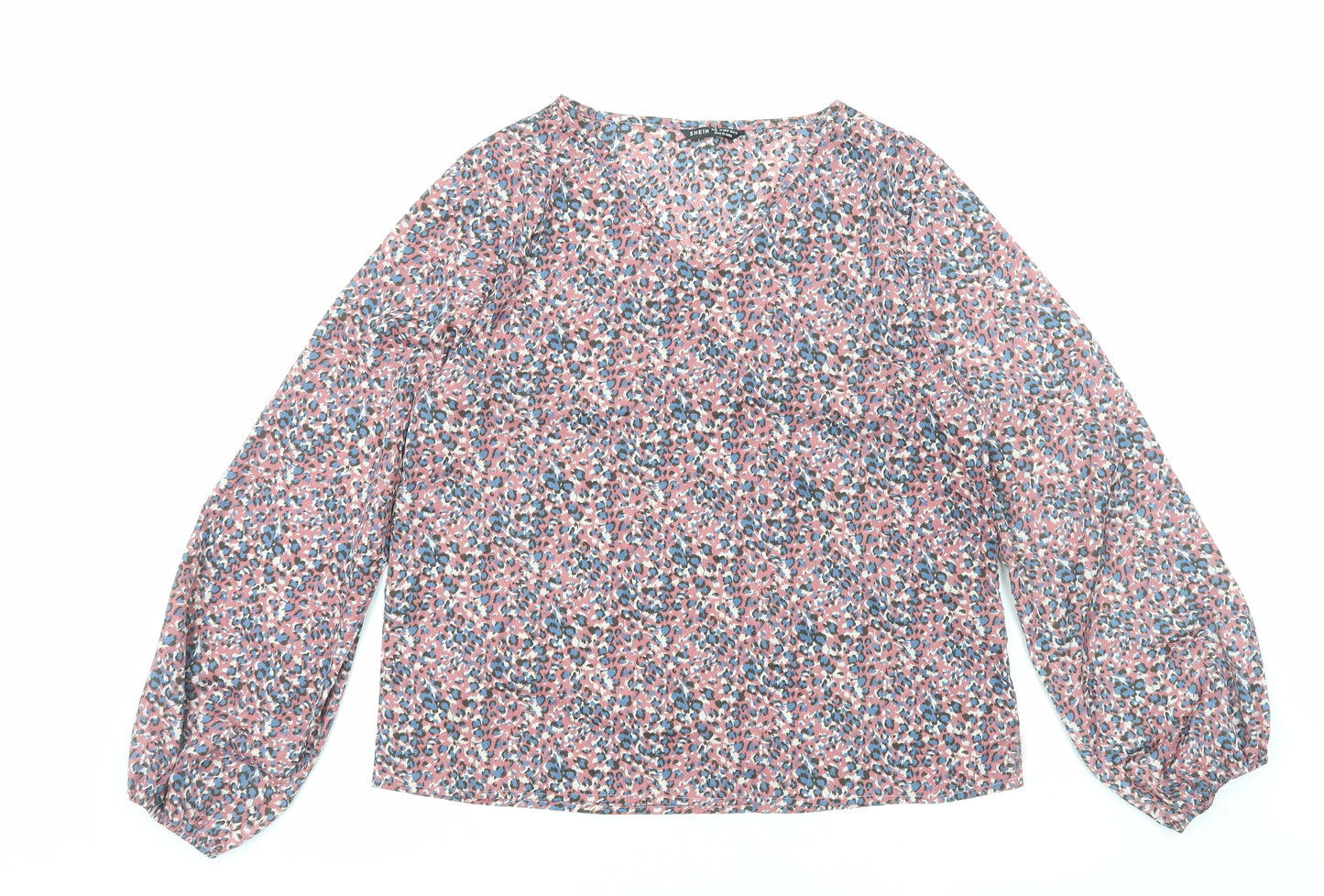 SheIn Womens Pink Geometric Polyester Basic Blouse Size L V-Neck