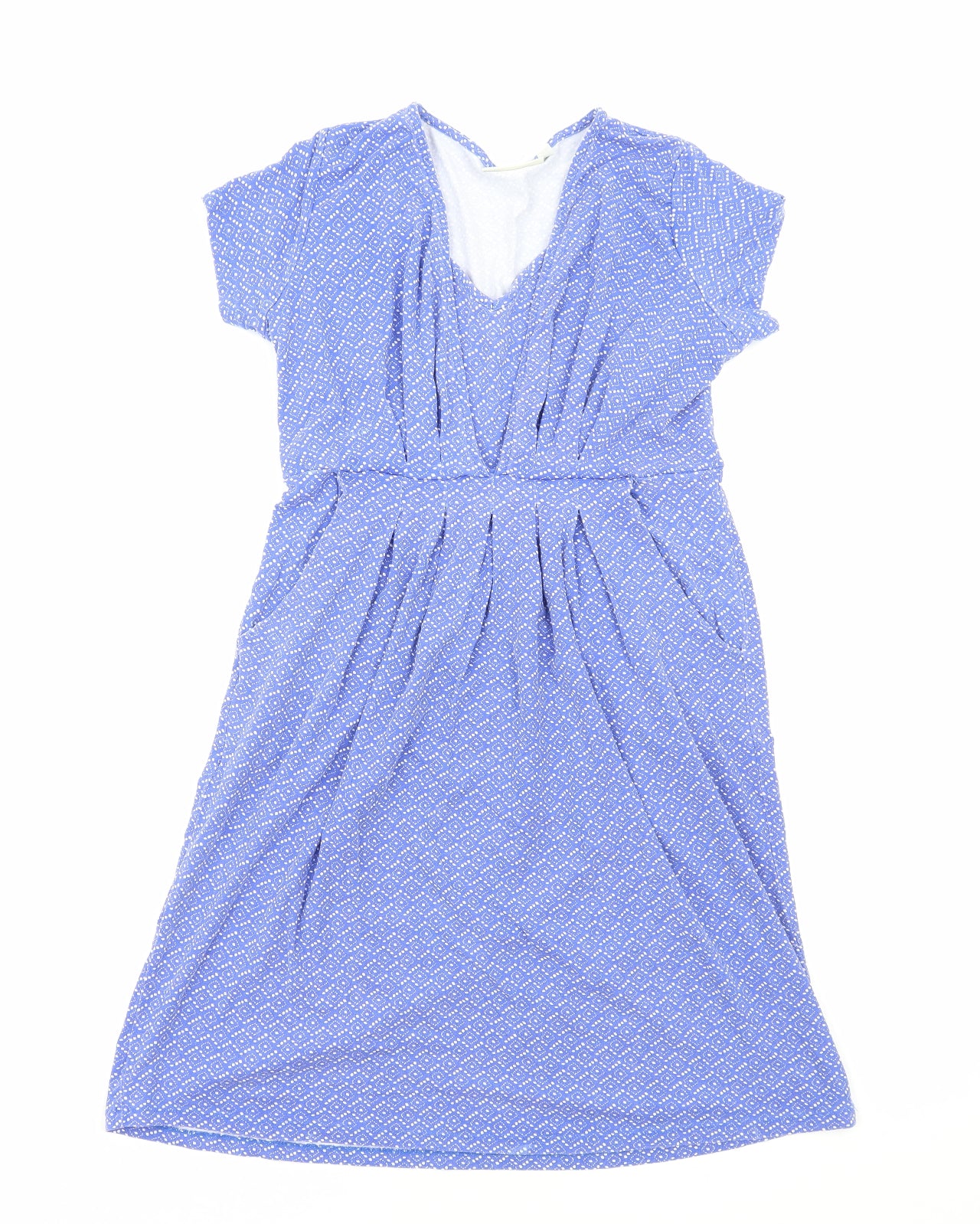 JoJo Maman Womens Blue Geometric Viscose Skater Dress Size S V-Neck Pullover