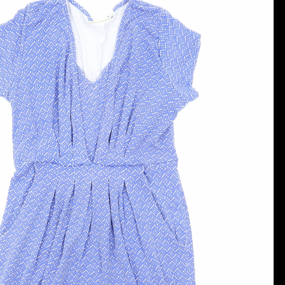JoJo Maman Womens Blue Geometric Viscose Skater Dress Size S V-Neck Pullover