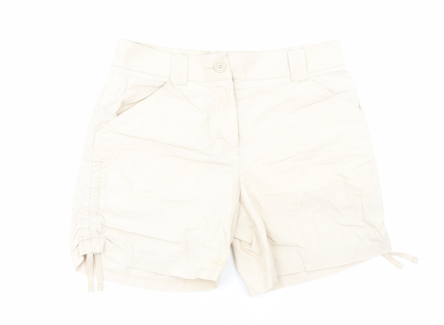 Marks and Spencer Womens Beige Cotton Chino Shorts Size 12 Regular Zip - Ruched Detail