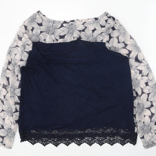 Classic Womens Black Floral Viscose Basic Blouse Size 16 Round Neck - Lace Detail