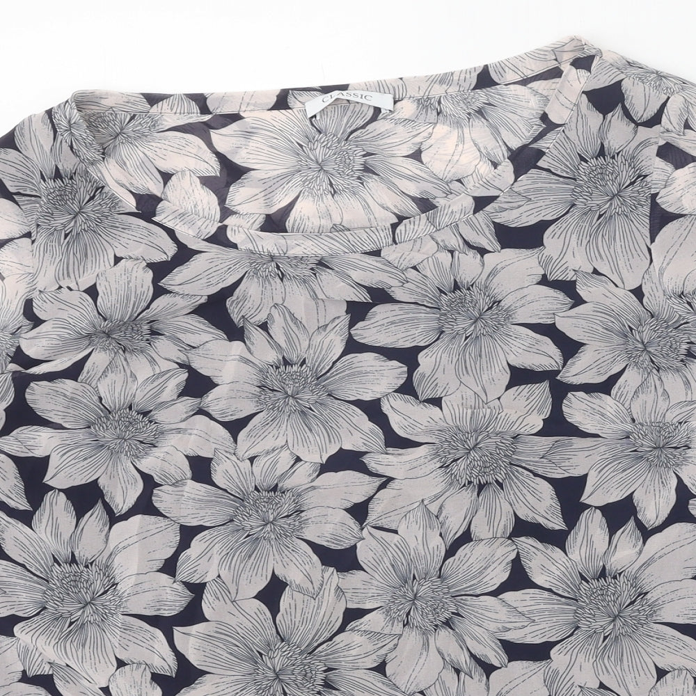 Classic Womens Black Floral Viscose Basic Blouse Size 16 Round Neck - Lace Detail