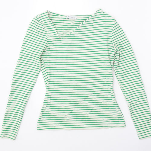 Warehouse Womens Green Striped Cotton Basic T-Shirt Size XS V-Neck