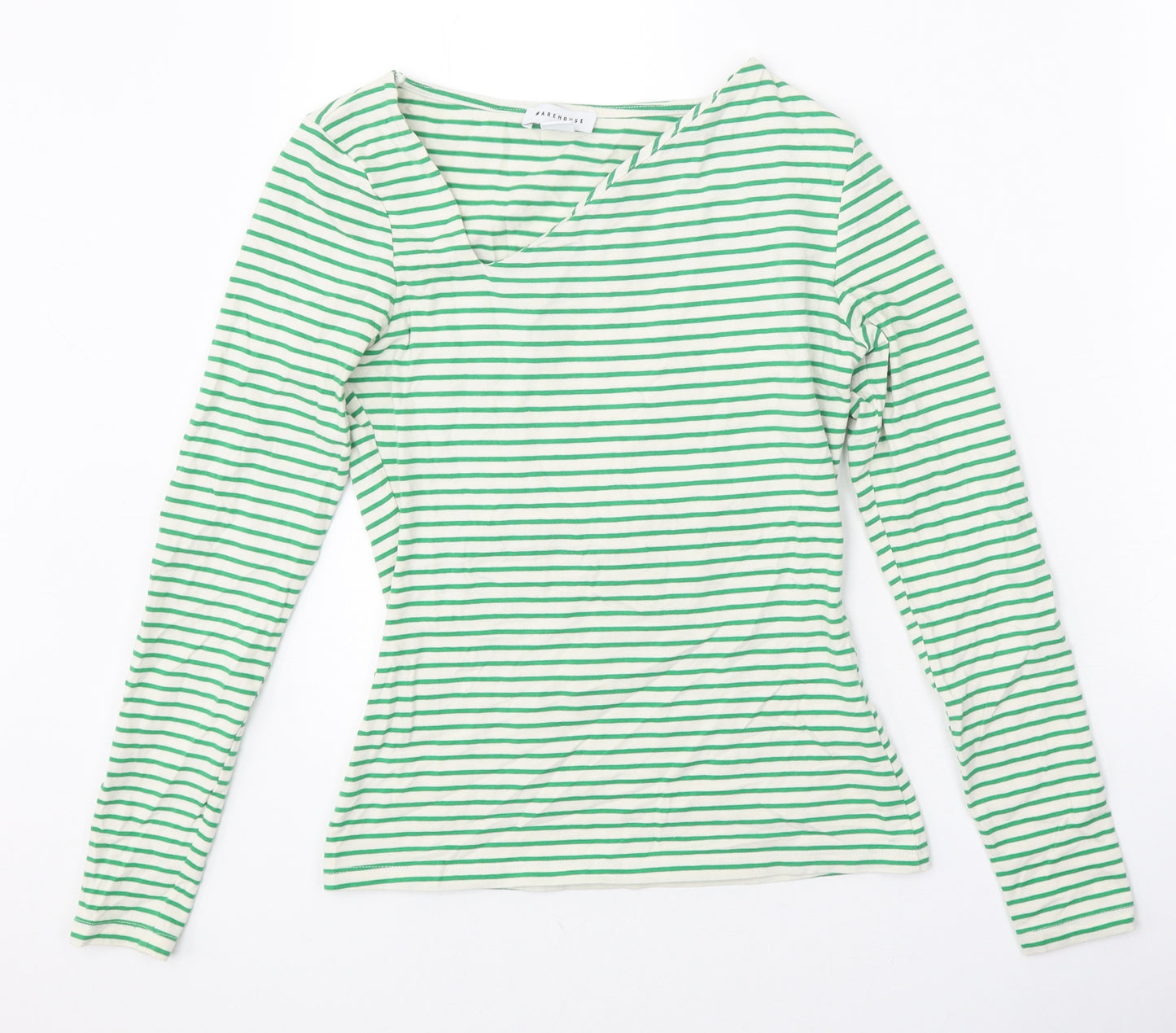 Warehouse Womens Green Striped Cotton Basic T-Shirt Size XS V-Neck