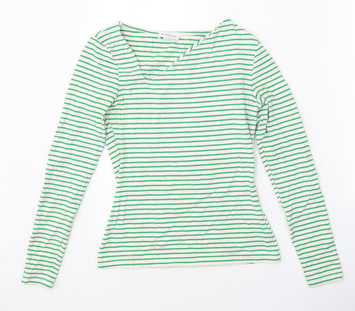 Warehouse Womens Green Striped Cotton Basic T-Shirt Size XS V-Neck