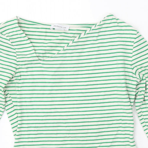 Warehouse Womens Green Striped Cotton Basic T-Shirt Size XS V-Neck
