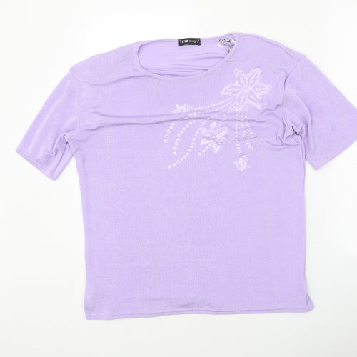 Eye Design Womens Purple Floral Polyester Basic T-Shirt Size M Round Neck