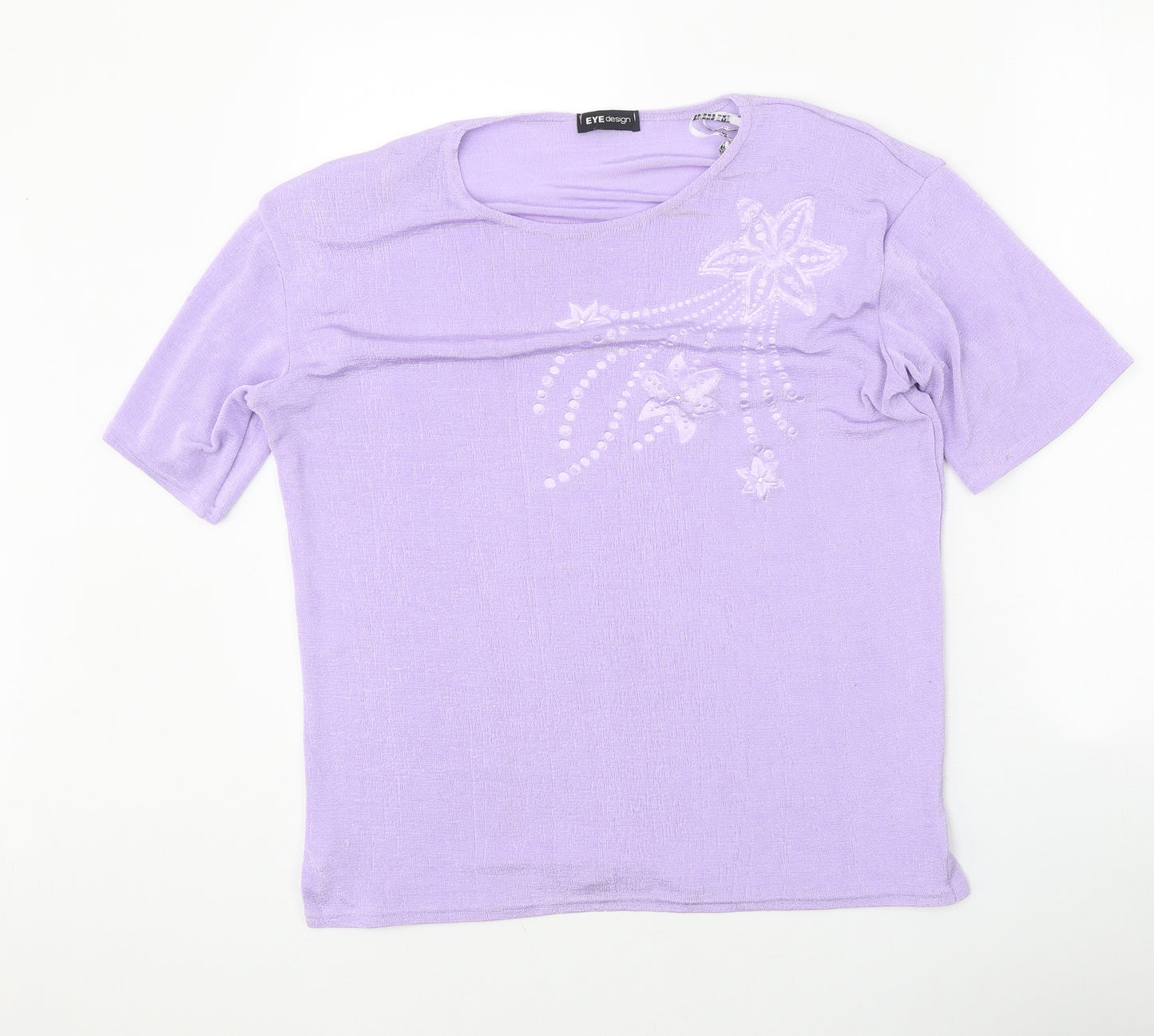 Eye Design Womens Purple Floral Polyester Basic T-Shirt Size M Round Neck