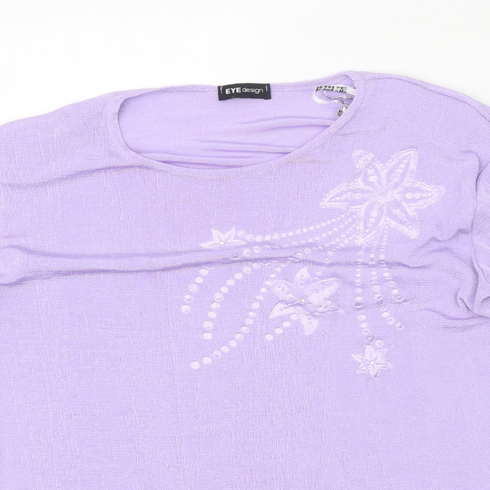 Eye Design Womens Purple Floral Polyester Basic T-Shirt Size M Round Neck