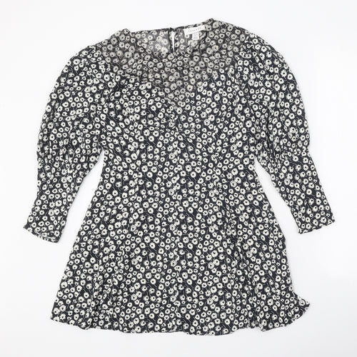 Topshop Womens Black Floral Polyester A-Line Size 10 Round Neck Zip