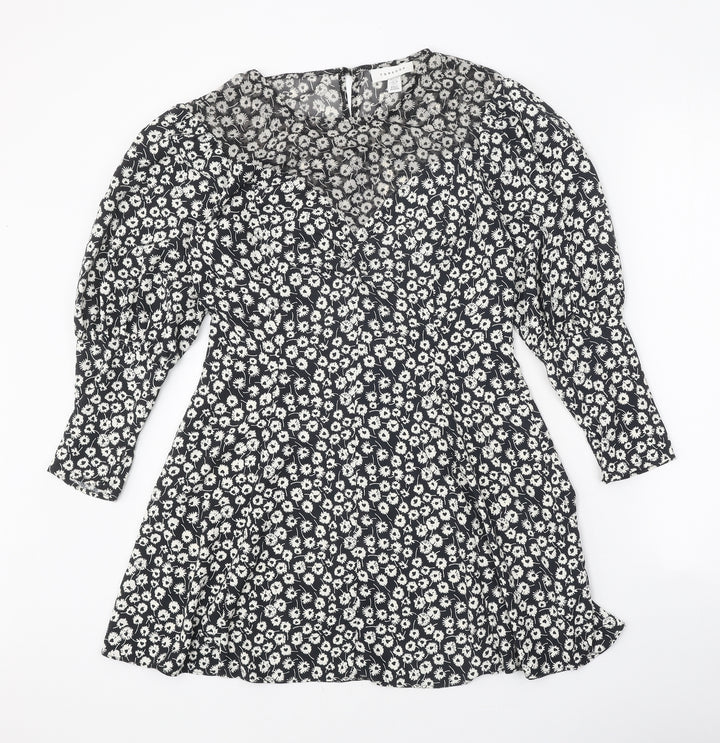 Topshop Womens Black Floral Polyester A-Line Size 10 Round Neck Zip