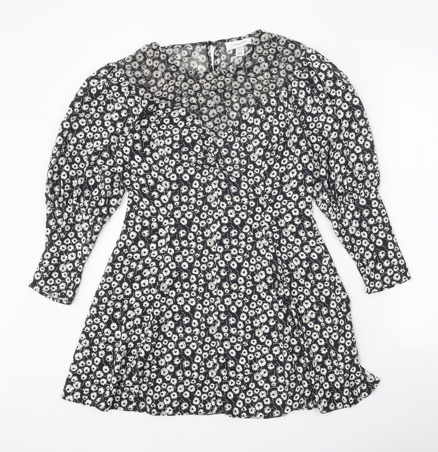 Topshop Womens Black Floral Polyester A-Line Size 10 Round Neck Zip