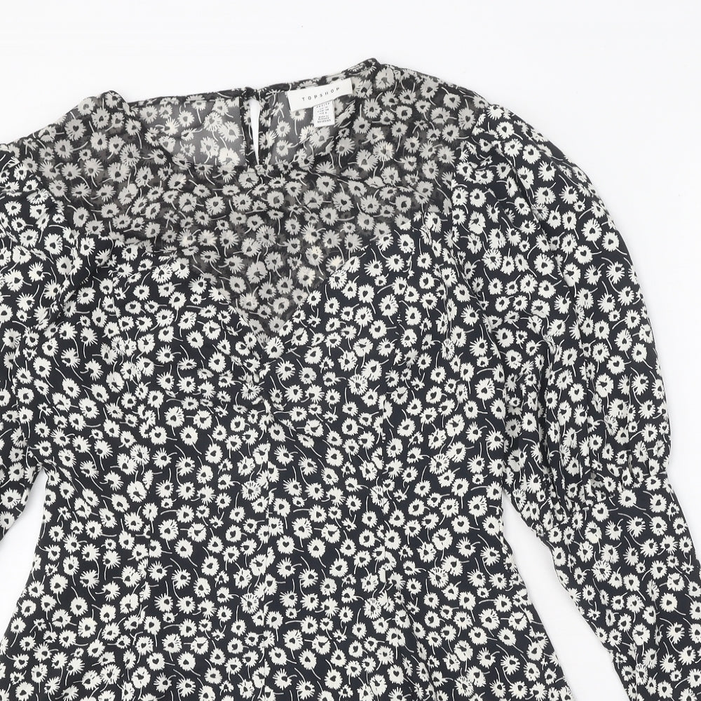 Topshop Womens Black Floral Polyester A-Line Size 10 Round Neck Zip