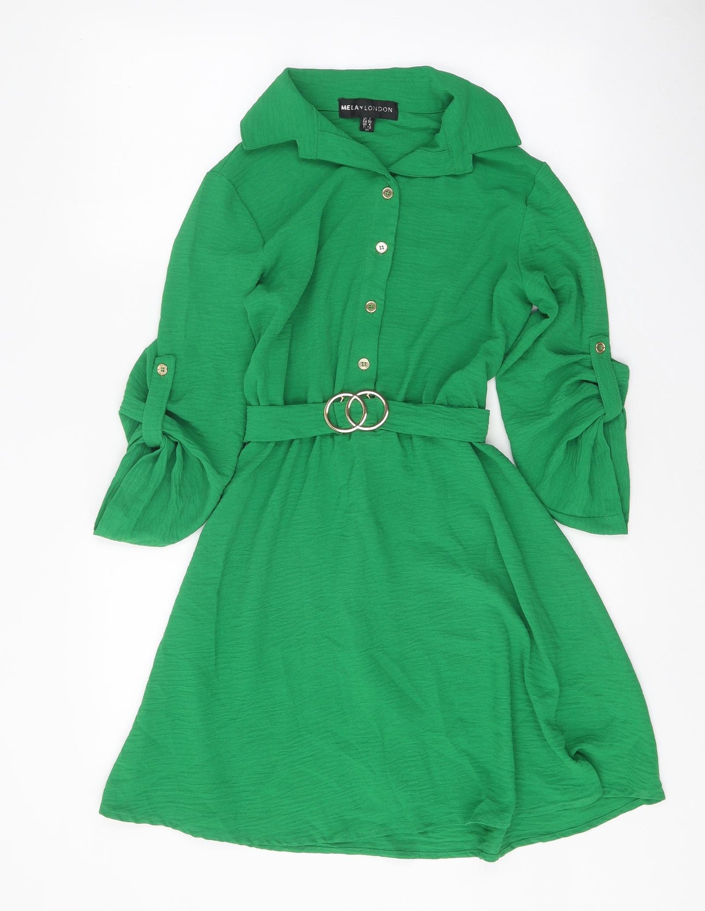 Mela London Womens Green Polyester Shift Size 8 Collared Button
