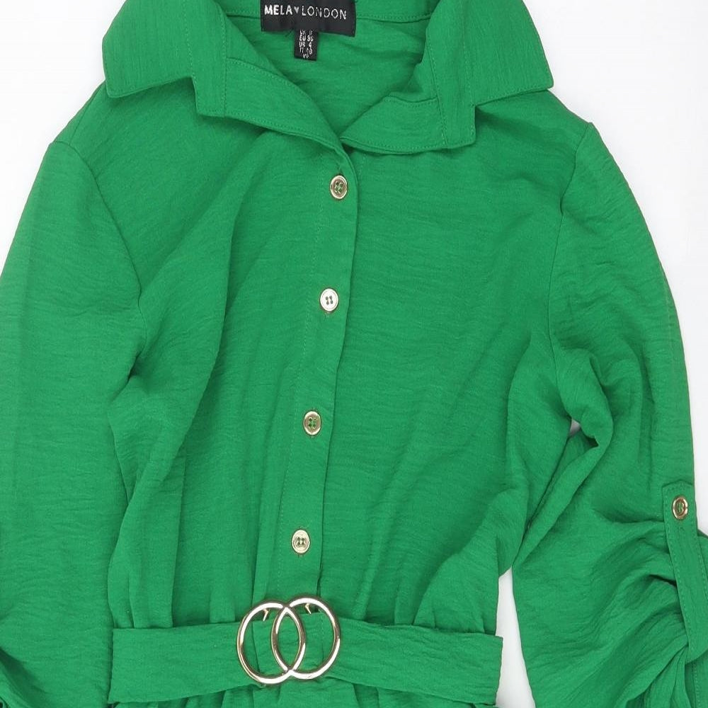 Mela London Womens Green Polyester Shift Size 8 Collared Button