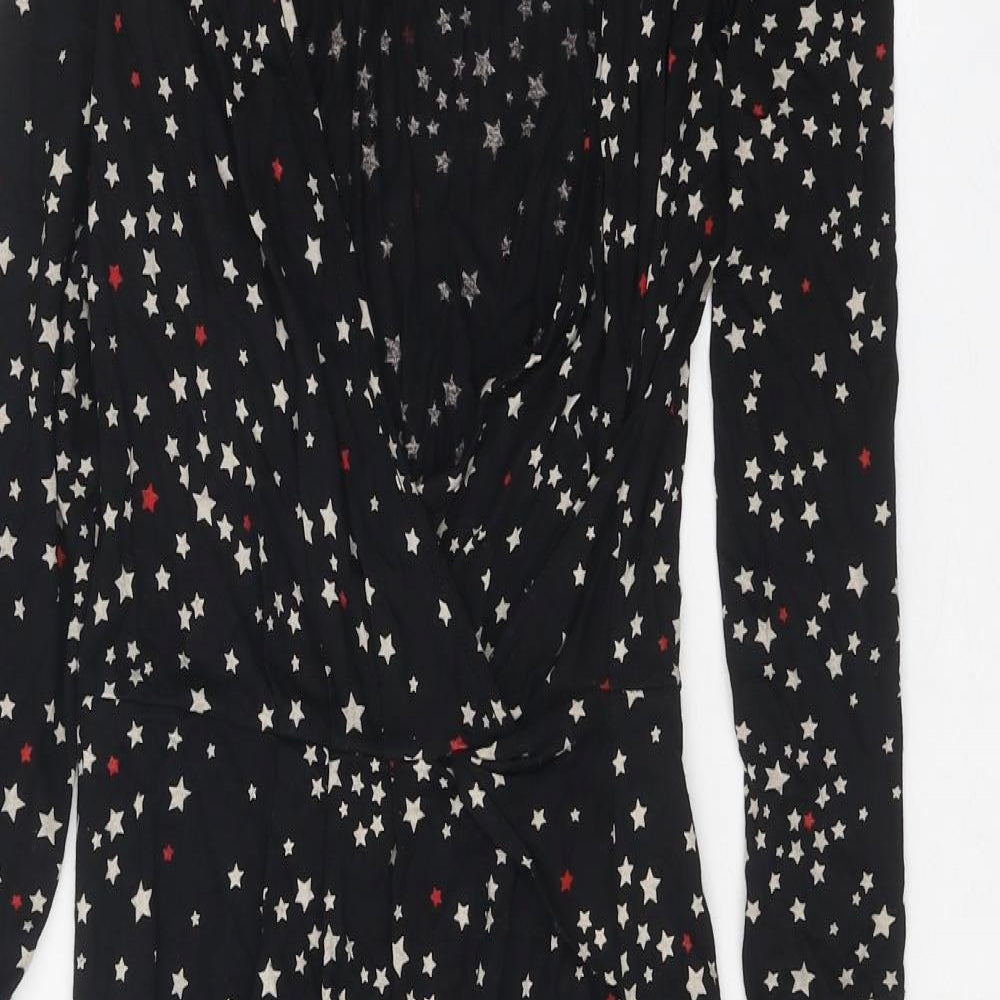 Marks and Spencer Womens Black Geometric Viscose A-Line Size 8 V-Neck Pullover - Star