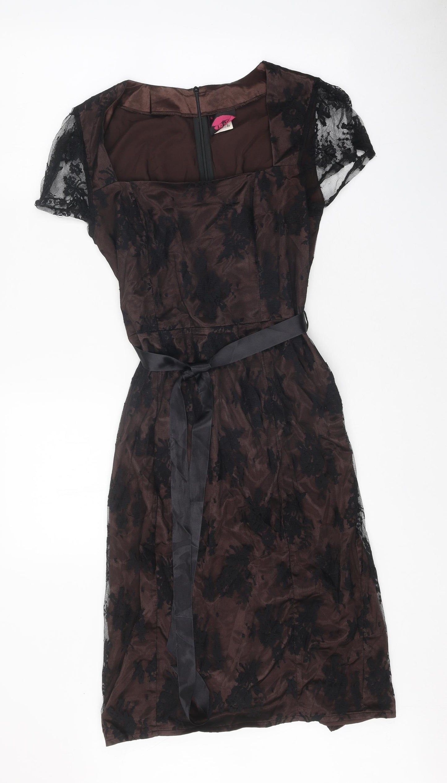 Lipsy Womens Brown Floral Polyester A-Line Size 14 Square Neck Zip