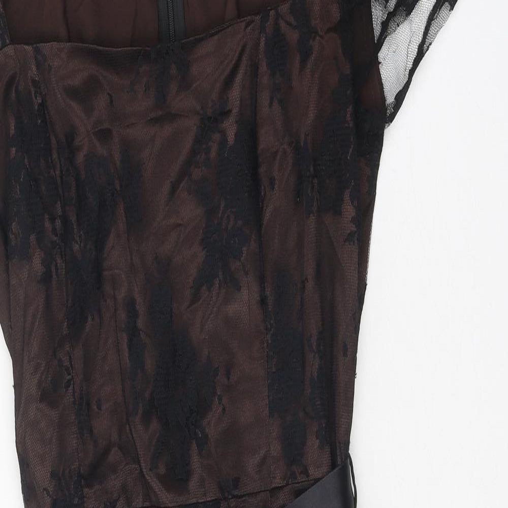 Lipsy Womens Brown Floral Polyester A-Line Size 14 Square Neck Zip