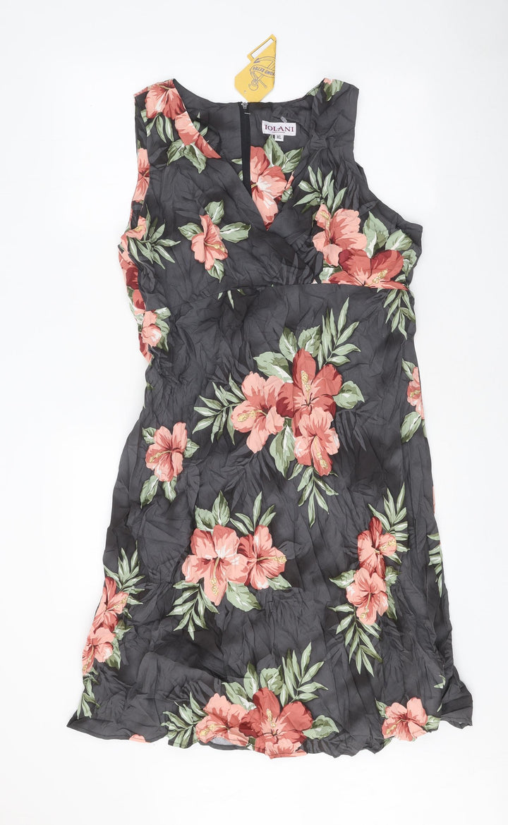 Iolani Womens Multicoloured Floral Rayon A-Line Size XL V-Neck Zip