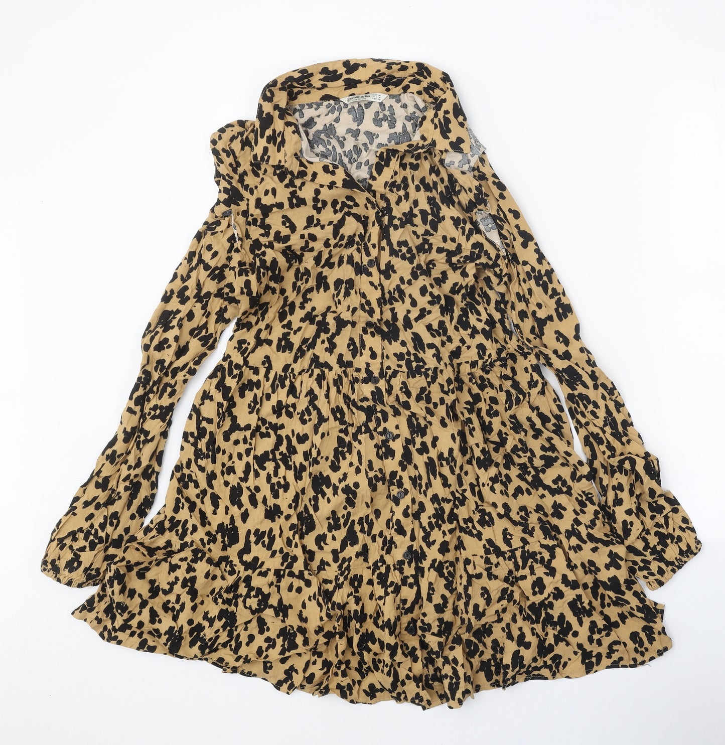 Stradivarius Womens Multicoloured Animal Print Viscose Shirt Dress Size M Collared Button - Leopard Pattern